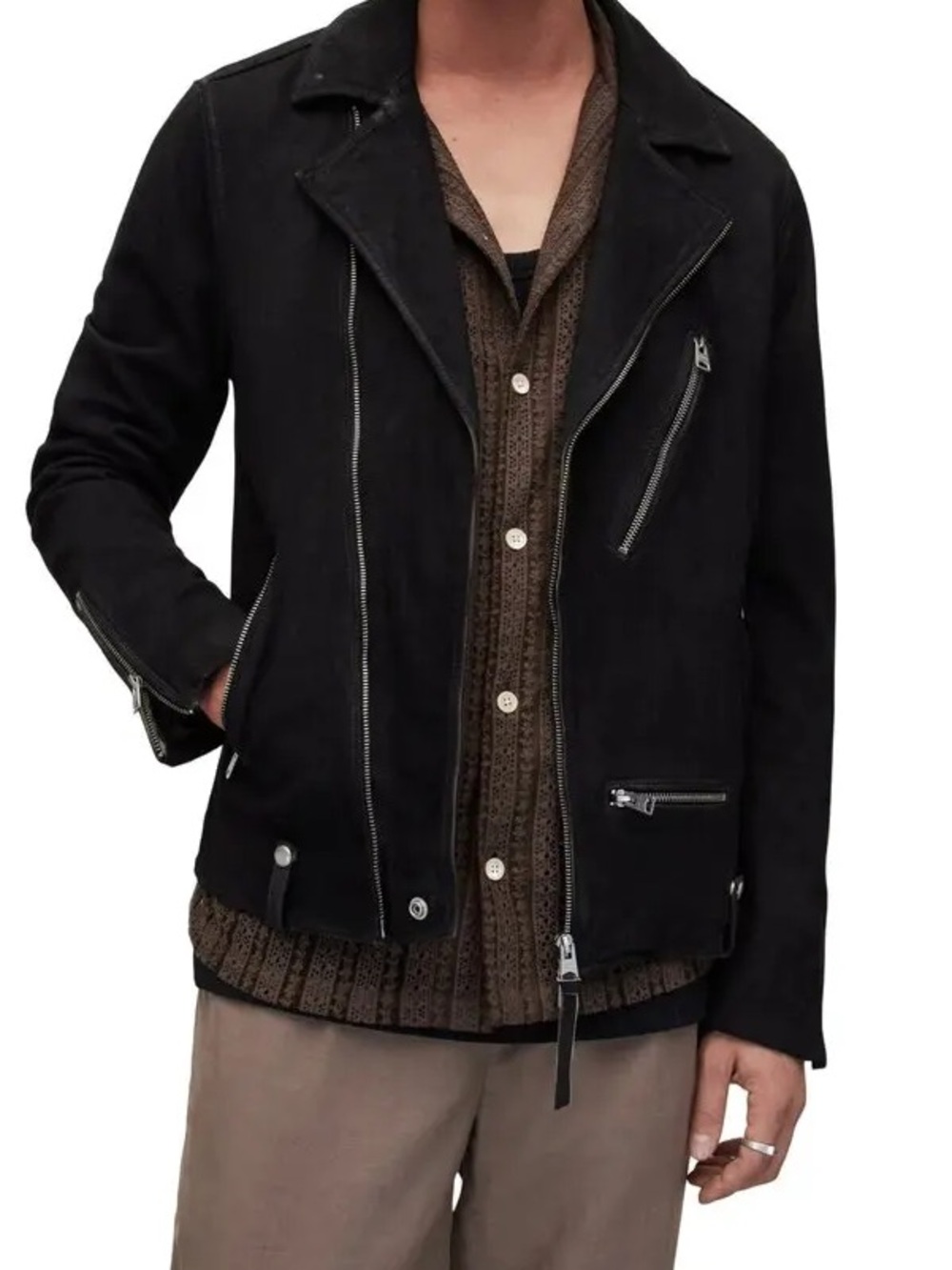 AllSaints Geo Moto Army Green Suede Jacket